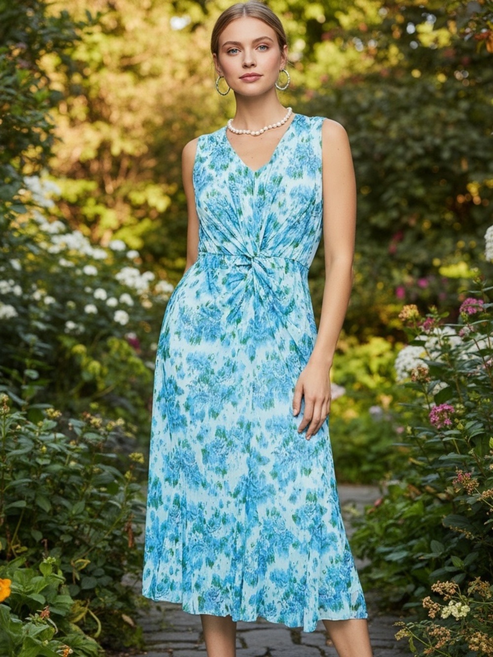 Isaac Mizrahi Sz 2X Knot Front Sleeveless Midi Length V-neck Blue Floral Dress - Picture 1 of 7